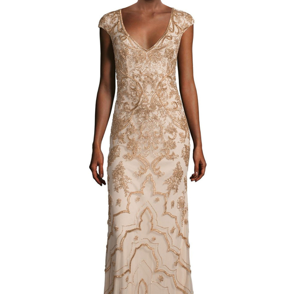 Theia Ochre Gold Beaded Cap Sleeve V-Neck Full Length Gown Evening Dress, Size 8 - Picture 2 of 11
